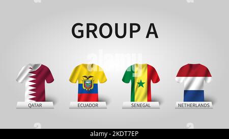 Qatar fifa Fußball-Weltmeisterschaft 2022 . Gruppe A Stufen . Winkendes Trikot mit Landflaggenmuster. Vektor . Stock Vektor