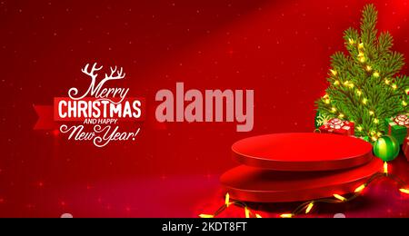 Podium Frohe Weihnachten. beim Einkaufen im neuen Jahr Banner. Vektorgrafik Stock Vektor