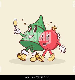 Weihnachten und Neujahr Retro-Zeichentrickfiguren. Pine mit Champagner-Glas und Weihnachtsbaumkugeln Freunde zu Fuß zusammen. Vektor-Maskottchen Stock Vektor