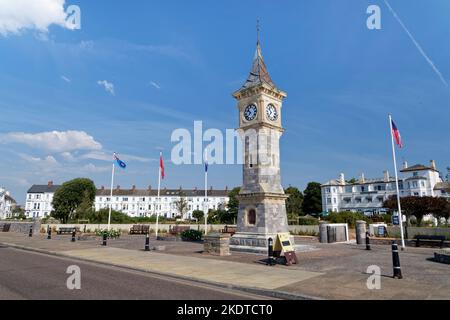 The Jubilee Clock Tower on the Esplanade, Exmouth, Devon, Großbritannien, August 2022. Stockfoto