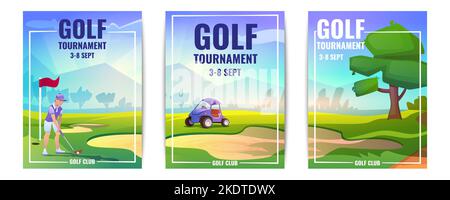 Vektor-Cartoon-Flyer oder Golf-Turnier-Poster mit Spieler Mann. Golfer Person mit Putter und weißen Ball, Auto, Gras, Tee und Flagge. Werbung Sportwettbewerb vertikale Banner mit Sandbunker. Stock Vektor