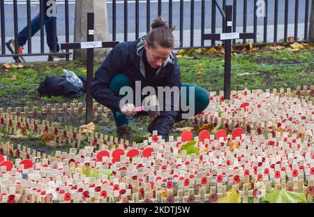 London, England, Großbritannien. 8.. November 2022. Freiwillige haben vor dem Remembrance Day begonnen, Kreuze mit Mohnblumen auf dem Feld der Erinnerung vor der Westminster Abbey zu Pflanzen. Am 11.. November ehrt der Gedenktag Angehörige der Streitkräfte, die seit Beginn des Weltkriegs 1 in Kriegen und Konflikten ums Leben gekommen sind. (Bild: © Vuk Valcic/ZUMA Press Wire) Stockfoto