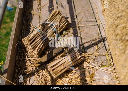 Bild von Jim Wileman - Jane Rush, aufgenommen auf der Lower Jurston Farm, in der Nähe von Chagford, Devon. Jane stroht auf ihrem eigenen Dach. Stockfoto