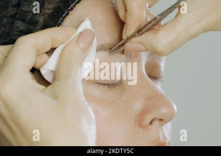 Die Hände des Stylistin zupfen die Augenbrauen mit einer Pinzette auf das Gesicht einer Frau. Nahaufnahme. Gesichtspflege. Stockfoto