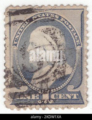 USA - 1887: Eine 1 Cent ultramarine Briefmarke, die das Porträt von Benjamin Franklin zeigt. Amerikanischer Universalgelehrter, der als Schriftsteller, Wissenschaftler, Erfinder, Staatsmann, Diplomat, Drucker, Verleger und politischer Philosoph. Unter den führenden Intellektuellen seiner Zeit war Franklin einer der Gründungsväter der Vereinigten Staaten, ein Drahter und Unterzeichner der Unabhängigkeitserklärung der Vereinigten Staaten und der erste Vereinigte Staaten Postmaster General Stockfoto