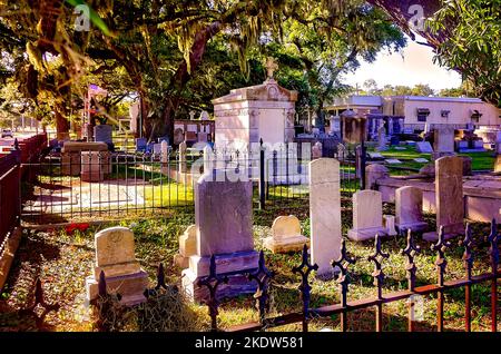 Der alte Biloxi Friedhof ist am 6. November 2022 in Biloxi, Mississippi, abgebildet. Der von der Stadt gewartete Friedhof war ein Begräbnisplatz für die frühen französischen Siedler. Stockfoto