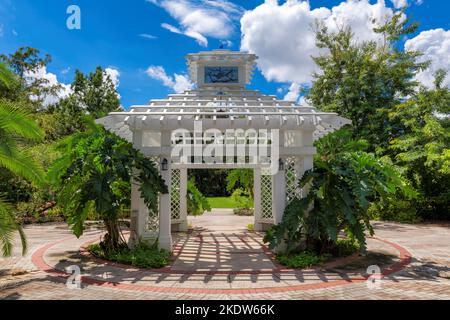 Ein weißer Pavillon inmitten tropischer Pflanzen im Cypress Grove Park, Orlando, Florida. Stockfoto