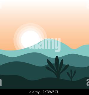 Vektorlandschaft, Berge und Sonnenuntergang Stock Vektor
