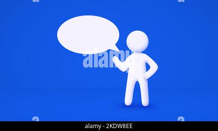 3D weißer Cartoon-Mann mit Chat-Blase. Kommunikationskonzept. Isolierter blauer Hintergrund. Vektorgrafik Stock Vektor