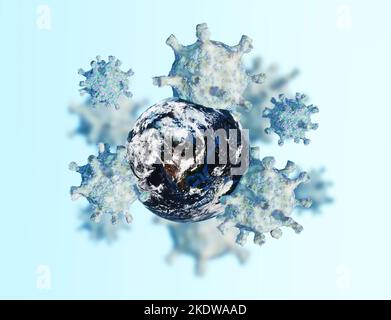 Viruszellen greift Planet an. Gefährliches Virus COVID-19 oder Coronavirus globales Pandemiekonzept isoliert auf weißem Hintergrund. 3D-Illustration Stockfoto