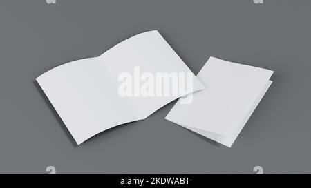 Unbeschriftetes Papier A4 Flyer Postkartenbroschüre, halb gefaltete zweifalige Mockup Schablone Textur, 3D Rendering. Stockfoto