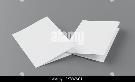 Unbeschriftetes Papier A4 Flyer Postkartenbroschüre, halb gefaltete zweifalige Mockup Schablone Textur, 3D Rendering. Stockfoto