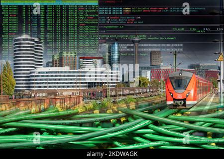 Symbolische Image kritische Infrastruktur, Skyline von Düsseldorf, Medienhafen, Datenkabel, Hacker-Code, Stockfoto