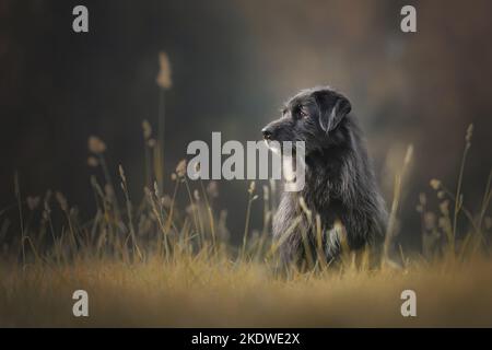 Sitzender Akita-Inu-Labrador-Retriever Stockfoto
