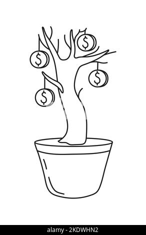 Geldbaum-Symbol im Doodle-Stil. Hilfe von Finanzexperten, Planungsstrategie, Vektor für Einkommenswachstum ui-Geschichten. Stock Vektor