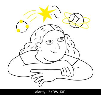 Vektor der Strategieplanung im Linienstil. Metapher für Planung, Planung und Implementierung. Mädchen träumt Stock Vektor
