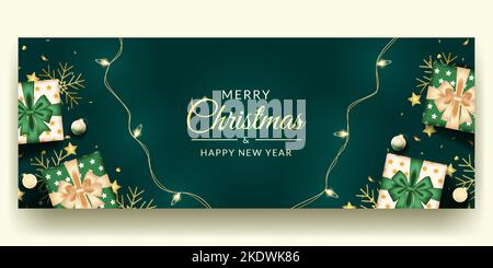 frohe weihnachten und fröhliches neues Bannerdesign mit realistischer grüner Dekoration Stock Vektor