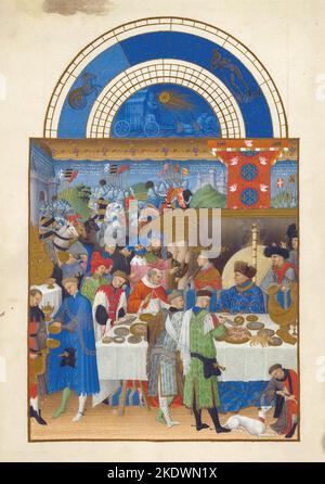 Der Duc de Berry (sitzend, rechts), Januar im Kalenderabschnitt des Tres Riches Heures du Duc de Berry, tempera on vellum, Limbourg Brothers, c. 1415 u.Z. der Tres Riches Heures du Duc de Berry ist das berühmteste und möglicherweise das beste erhaltene Beispiel der französischen gotischen Handschriftenmalerei, die die spätinternationale gotische Phase des Stils zeigt. Es ist ein Stundenbuch: Eine Sammlung von Gebeten, die zu den kanonischen Stunden gesprochen werden. Stockfoto