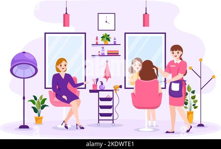Friseursalon mit Friseur, Haarschnitt, Haarpflege und Frisur im Schönheitssalon oder Barber in Flat Cartoon Handgezeichnete Vorlagen Illustration Stock Vektor