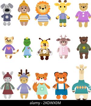 Eine Reihe von niedlichen Cartoon-Tieren. Hund, Löwe und Giraffe, Bären und Katze, Frosch und Biene, Hirsch und Lama, Und andere. Vektor. Stock Vektor