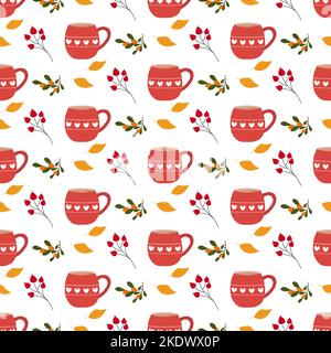 Eine Tasse mit einem heißen Getränk, Beeren und Herbstblättern. Nahtloses Muster. Vektorgrafik. Stock Vektor