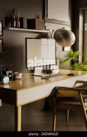 Moderner Arbeitsplatz mit leerem Bildschirm PC-Desktop-Computer auf Holztisch und stationär. 3D Render, 3D Illustration Stockfoto