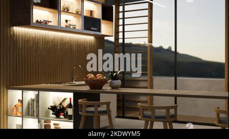 Moderne, moderne Holzküche mit Tisch, Hockern, Waschbecken, eingebauten Regalen, Holzdielen und großen Fenstern im B-Bereich Stockfoto