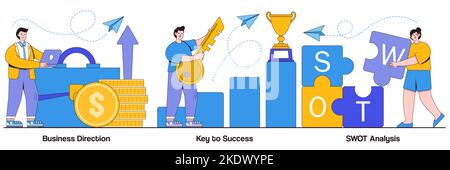Geschäftsrichtung, Schlüssel zum Erfolg, swot-Analysekonzept mit Menschen Charakter. Gewinnsteigerung, Karriereerfolg, Stärken und Schwächen A Stock Vektor