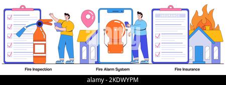 Brandschutzinspektion, Brandmeldeanlage, Brandschutzkonzept mit winzigen Menschen. Grafik-Set zur Schadenkompensation von Immobilien. Feuerwehrmann-Equi Stock Vektor