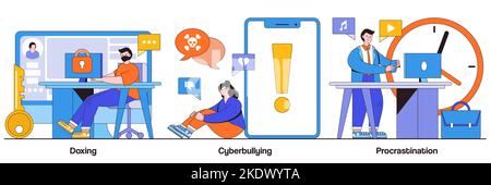 Doxing, Cybermobbing, Procrastination Konzept mit winzigen Menschen. Online-Datenschutzverletzung, Internet-Belästigung Problem, Aufgabe Verzögerung und Faulheit Abstraa Stock Vektor