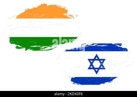 Indien und israel flaggen zusammen auf einem weißen Pinselhintergrund Stockfoto