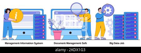 Management-Informationssystem, Dokumentenmanagement Soft, Big-Data-Jobkonzept mit winzigen Mitarbeitern. Informationssammlung und Analyse Vektor illustrationo Stock Vektor