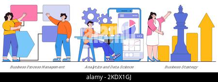 Geschäftsprozessmanagement, Analysen und Data Science, Geschäftsstrategiekonzept mit winzigen Mitarbeitern. Workflow-Organisation, statistische Analyse, corp Stock Vektor