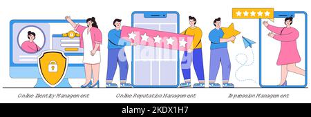 Online Identity Management, Online Reputation Management, Impression Management Konzept mit winzigen Menschen. Web-Präsenz Einrichtung, crm-Software, se Stock Vektor