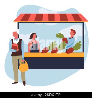 Verkäufer und Kundenmarkt Gemüse Stall Mann und Frau Vektor Stock Vektor