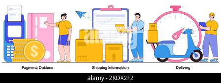 Zahlungsoptionen, Versandinformationen, Lieferkonzept mit Menschen Charakter. Online-Shopping abstrakten Vektor Illustration Set. Internet-Shop käuflich Stock Vektor