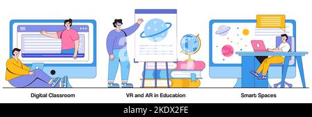 Digitales Klassenzimmer, VR und AR im Bildungswesen, Smart Spaces Konzept mit Menschen Charakter. Interaktive Lernvektorillustrationen. Blended Learning, Stock Vektor