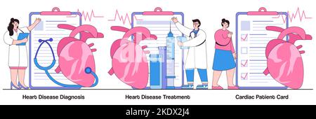 Diagnose und Behandlung von Herzerkrankungen, kardiales Patientenkartenkonzept mit Personencharakter. Vektorgrafik für Herz-Kreislauf-Erkrankungen. Heartbeat r Stock Vektor