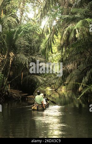 Nationalpark-Ranger und Journalisten reisen mit dem Boot auf dem Cigenter River durch den Tieflandwald der Handeuleum Island, einem Teil des Ujung Kulon Nationalparks in Pandeglang, Banten, Indonesien. Stockfoto