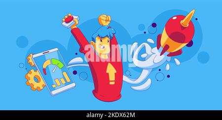 Boost Traffic Business und Social-Media-Konzept mit zeitgenössischen Charakter optimieren Internet-Verbindung Geschwindigkeit Qualität Launch Rakete in der Luft, Fortschritt, Wachstum, Linear Cartoon-Vektor-Illustration Stock Vektor