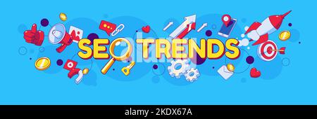 SEO Trends Cartoon Banner im zeitgenössischen Stil mit Smartphone, Lautsprecher, Glas. Pfeile und Ziel. Kampagne zur Suchmaschinenoptimierung für lineare Vektor-Header oder -Footer in sozialen Medien für Websites Stock Vektor