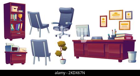 Schulleiter, Dekan oder Chef Büromöbel. Kopfmeisterschrank-Inneneinrichtung mit Holztisch, Stühlen, Bücherregal, Drucker und Zertifikaten in Rahmen, Vektorgrafik im zeitgenössischen Stil Stock Vektor