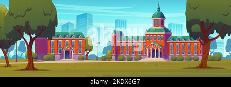 Universität, Universitätscampusgebäude, High School Bildungseinrichtung leerer Vorgarten mit grünen Bäumen, Rasenflächen. Klassische Stadt Architektur Sommer Landschaft Cartoon Vektor Illustration Stock Vektor