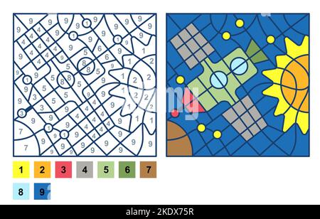 Vektor Malbuch Seite, Puzzle-Spiel, Farbe nach Anzahl Satellit, Raumstation und Galaxie Raum Stock Vektor