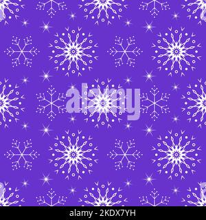 Nahtloses Muster mit weißen Schneeflocken auf violettem Hintergrund. Festlicher Winter traditionelle Dekoration für Neujahr, Weihnachten, Feiertage und Design. Ornament der Linie wiederholen Schneeflocke. Vektorgrafik Stock Vektor