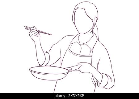 Schöne Mädchen Kochen Hand gezeichnet Stil Vektor Illustration Stock Vektor