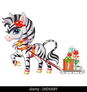 Niedliches Zebra trägt einen Schlitten mit Geschenken. Zeichentrickfigur. Vektor-isolierte Illustration. Für Print, Design, Poster, Karten, Aufkleber, Einrichtung, Kinderappa Stock Vektor