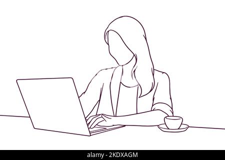 Handgezeichnete junge Frau, die im Café mit einer Laptop-Illustration arbeitet Stock Vektor
