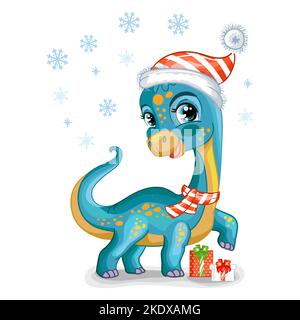 Niedliches Baby Dinosaurier diplodocus mit weihnachtsgeschenken. Zeichentrickfigur. Vektor-isolierte Illustration. Für Print, Design, Poster, Karten, Aufkleber, deko Stock Vektor