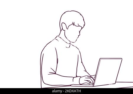 Handgezeichneter, zwangloser Geschäftsmann, der an der Illustration eines Laptops arbeitet Stock Vektor